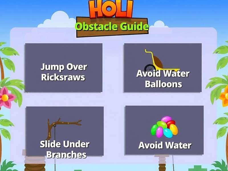 Holi Frenzy Run Obstacle Handling Guide Holi Frenzy Run obstacle guide showing how to jump over rickshaws, slide under low branches, and avoid water balloons