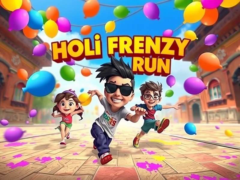 Holi Frenzy Run Official Cover Art Holi Frenzy Run game cover showing colorful characters running through a Holi festival with gulal and water balloons