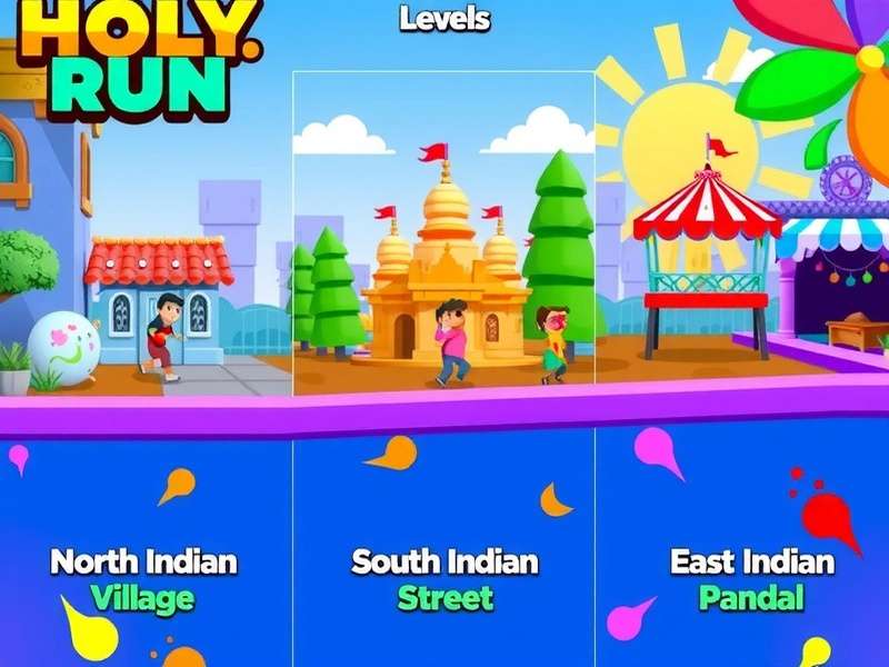 Holi Frenzy Run Regional Levels Comparison Holi Frenzy Run regional levels comparison showing North Indian village, South Indian temple street, and East Indian pandal area