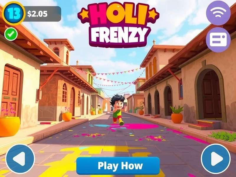 Holi Frenzy Run Village Level Gameplay Holi Frenzy Run gameplay showing a character running through a village street during Holi with colorful decorations